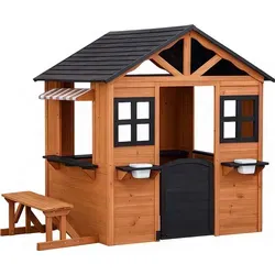 Wiltec Spielhaus für Kinder 178 x 126 x 158 cm aus Tannenholz, Kinderspielhaus für Outdoor, Gartenspielhaus mit Sitzbank und Blumentöpfe