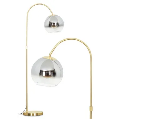 hofstein Stehlampe aus Metall/Glas in Messing/Rauch/Klar - Elegante Stehlampe für Innenräume mit stilvollem Glasschirm. Ideal für stimmungsvolle Beleuchtung, ausgestattet mit Fußschalter und E27-Fassung. Maße: 140 cm hoch, 25 cm breit.