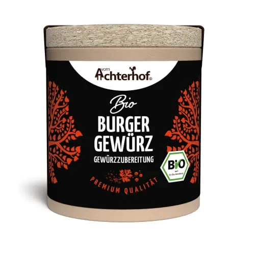 Burger Gewürzzubereitung Bio 52g | Hack-Gewürzmischung aus 10 Gewürzen | würzig lecker, mit angenehmer Schärfe im Abgang | verfeinert jedes Hack- und Veggie-Hackgericht | vom Achterhof