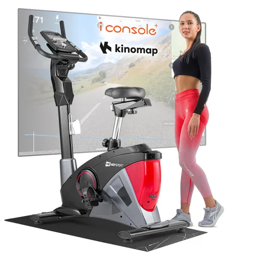 Hop-Sport Heimtrainer Fahrrad HS-090H Rot mit App-Steuerung & 32 computergesteuerten Widerstandsstufen, Pulsmessung Transportrollen, Fitnessbike 150kg
