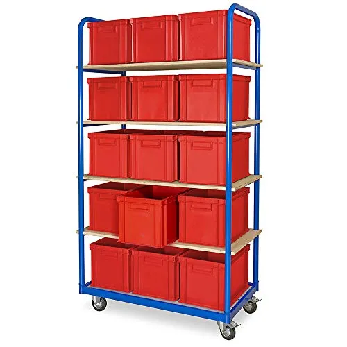 BRB Kommissionierwagen 5 Ebenen mit 15 Behältern - Rollwagen mit robusten Schichtholzladeflächen und geschweißter Stahlrohrkonstruktion. Ideal für den Einsatz in der Lebensmittelindustrie, beständig gegen Chemikalien, Öle und Fette.