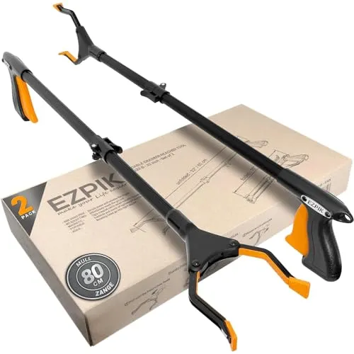 EZPIK® 80 cm Müllzange mit Magnet-Greifarm, Robuste Greifzange Lang, Drehbare Müllgreifer Zange, Müllsammler mit Befestigungsclip, Praktischer Aufhebehilfe Greifer (2er-Pack, Schwarz) 2 x