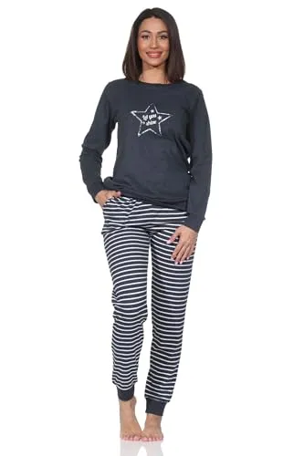 Normann Damen Schlafanzug lang mit Stern-Motiv - Kuschel Interlock Qualität, Farbe: Blau, Größe: 44-46 - Kuscheliger Langarm Pyjama aus hochwertigem Interlock-Stoff für optimale Wärme und Komfort. Ideal für gemütliche Nächte und entspannte Homewear, auch in Übergrößen erhältlich.