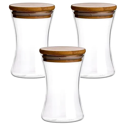 gouveo 3er Set Vorratsgläser 265 ml aus Borosilikatglas -konkav- mit Deckel - Aufbewahrungsgläser, Glasbehälter, Gewürzgläser, Glasdosen, Vorratsdose