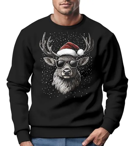 MoonWorks® Sweatshirt Herren Weihnachtspullover Aufdruck Rentier Hirsch mit Weihnachtsmütze Weihnachtsoutfit Männer Schwarz 3XL