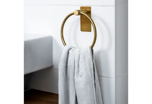 ELMOWO - Premium Edelstahl Handtuchring ohne Bohren selbstklebend inkl. Spezialkleber (extrem sicherer Halt) Handtuchhalter Ring für Badezimmer & Küche - Handtuchhalterung zur Wandmontage rund (Gold)