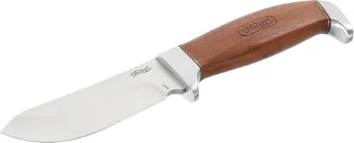 Walther Taschenmesser Premium Skinner - Gürtelmesser mit 95 mm Klinge aus 440C Stahl, ideal für Jagd und Outdoor. Ergonomischer Walnussholzgriff und sichere Lederscheide für komfortable Handhabung.