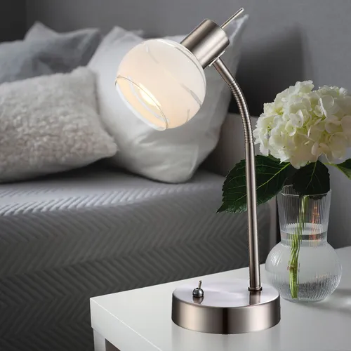Flexible LED Tischlampe mit Nickel matt und Glas, 5W 320lm - Moderne Tischleuchte für Schlafzimmer und Wohnzimmer, flexibel verstellbar für gezielte Lichtsetzung. Inklusive LED-Leuchtmittel, warmweißes Licht für gemütliche Atmosphäre.