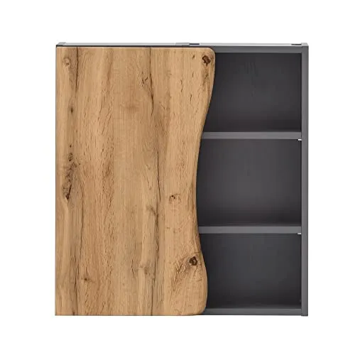 Bad Badezimmer Hängeschrank Regal 60 cm Eiche Wotan - Stylischer Hängeschrank mit mehr als 8 verstellbaren Regalfächern in Baumkantenoptik. Ideal für modernes Badezimmer-Design. Maße: 60 cm breit, 64 cm hoch, 20 cm tief. Lieferung per Paketdienst.