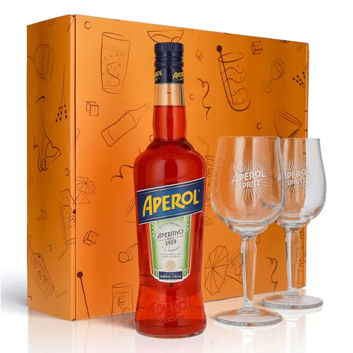 Aperol Spritz Geschenkset 0,7l Flasche 11 % Vol. + Signature Spritz Gläser|Orang