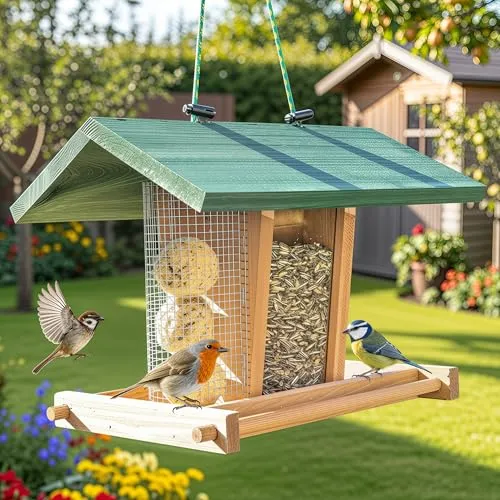 zooprinz Vogelhaus zum Aufhängen – Witterungsbeständiger Futterspender für Wildvögel - Futterstation für Wildvögel, aus massivem Holz, witterungsbeständig und langlebig. Mit stabilen Sitzstangen für mehrere Vögel gleichzeitig und einfach aufzuhängen dank Seil.