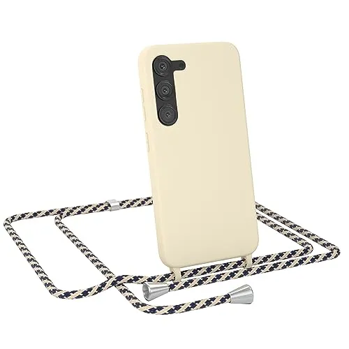 EAZY CASE - Handykette austauschbares Band - kompatibel mit Samsung Galaxy S23 Silikon Necklace(abnehmbar),Stoßdämpfung bei Sturz, Taupe mit Taupe/Blau Camouflage Clip Silber