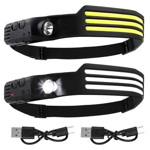 ROTKUSZ 2 Stück Stirnlampe LED Wiederaufladbar, Superhell 230° Weitwinkel Kopflampe Stirnlampe, 3*Farben LED Streifen, IPX4 Wasserdichte, für Camping Angeln Laufen