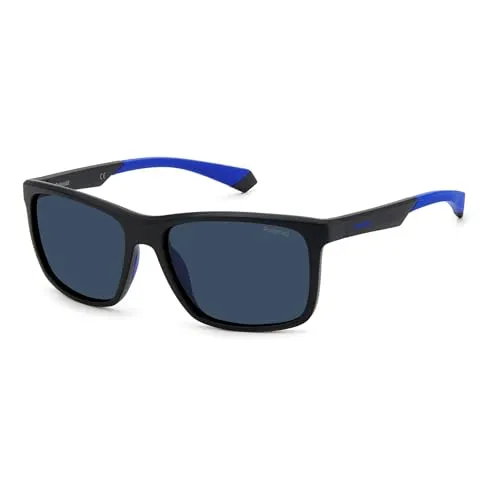 Polaroid PLD 7043/S Herren-Sonnenbrille - Sportbrillen mit stylischem eckigen Design, schwarzem Kunststoff-Gestell und blauen Gläsern für optimalen UV-Schutz und coolen Look.