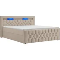 Juskys Boxspringbett Leona Samt 140x200 cm - Beige mit LEDs, H4-Federkern-Matratze für höchsten Liegekomfort und traumhaften Schlaf