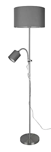 Reality Leuchten Stehleuchte Owen R40192007 - Standleuchte im eleganten Design aus Metall Nickel matt mit grauen Stoffschirmen. Flexibler Lesearm für individuelles Licht und getrennte Schaltung von Fluter und Lesearm.
