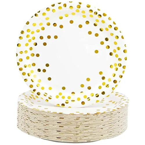 CEILIWEN Weiß und Gold Teller, Weiß Gold Pappteller, 7'' Polka Dot Pappteller, Papier Partyteller, Gold Partyteller, Packung mit 50