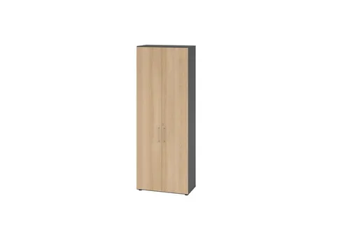Hammerbacher Regal 6OH 968T6 - Graphit/Eiche - Büroschrank mit 6 OH und abschließbaren Drehtüren, ideal für ein sicheres und aufgeräumtes Arbeitsumfeld. Maße: 80 x 41,7 x 215,6 cm, höhenjustierbare Sockelgleiter für optimale Stabilität.