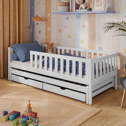Kinderbett 90x200 mit Ausziehbett und Schubladen - Betten für Kinder mit 3-in-1 Funktion: Einzelbett, ausziehbares Gästebett und Stauraum. Sicherer Rausfallschutz und aus massivem Kiefernholz gefertigt - ideal für platzsparendes Wohnen.