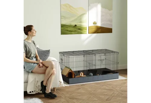 PawHut Kleintierkäfig mit Rampe und Trennwand - Kleintiergehege für draußen mit abnehmbarem Verdeck und wasserfestem Stoffboden – ideal für glückliche, aktive Haustiere und einfache Reinigung.