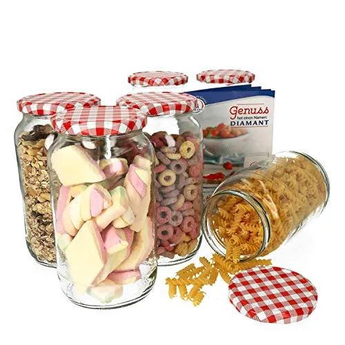 MamboCat 6er Set Einmachglas 1062 ml I Rundgläser Einkochgläser mit Schraubdeckel I Twist Off to 82 I Aufbewahrungsgläser mit Deckel Rot Weiß Kariert I inkl. Rezeptheft