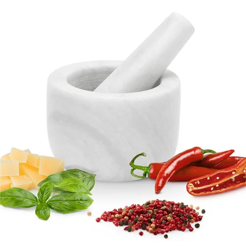 GOURMEO Mörser mit Stößel Set aus Marmor - Hochwertiger Mörser aus Marmor (200ml) für frische Guacamole, Salsa und Pesto. Robuste Bauweise sorgt für stabilen Halt und bewahrt die Aromen Ihrer Zutaten. Ideal für die kreative Küche!