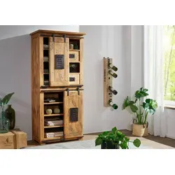 Offener Schrank groß mit 10 Fächern aus Mango und Eisen - Schrank im Industrial-Stil, gefertigt aus robustem Mango-Holz und Eisen, bietet 10 Fächer und eine authentische Altholz-Optik mit Vintage-Metallapplikationen.