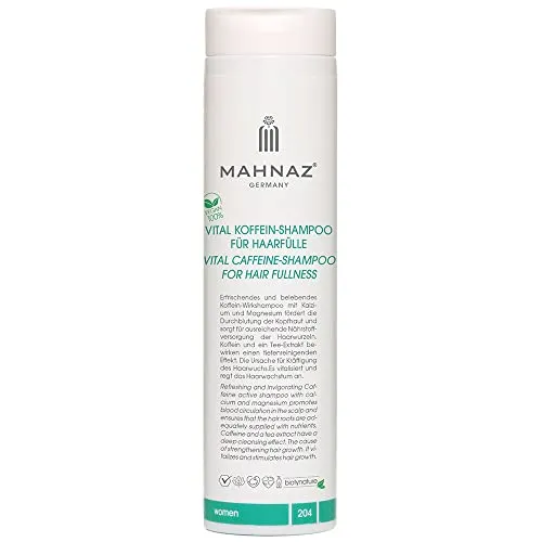 MAHNAZ® Vital Koffein-Shampoo 200 ml - Shampoo zur Förderung des Haarwuchses und gegen Haarverlust, mit Koffein und Ginkgo Biloba für mehr Fülle und Glanz. Ideal für empfindliche Kopfhaut, ohne Silikone und Tierversuche.