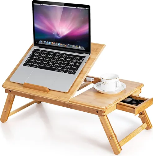 COSTWAY Klappbarer Bambus Laptoptisch – Höhenverstellbar & Neigbar