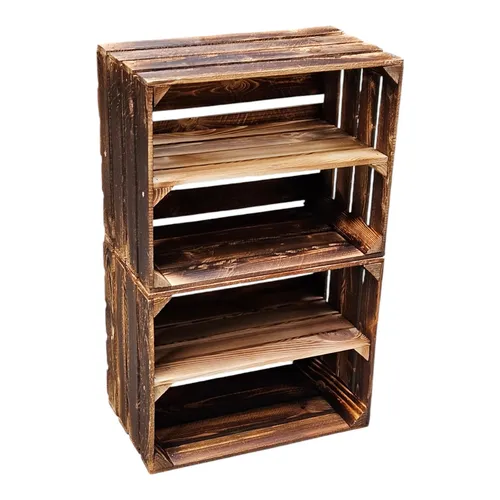 Holzkiste Obstkiste 50x40x30 cm - 2er Set Dunkel - Praktisches 2er Set geflammter Holzkisten, ideal zur Aufbewahrung von Obst oder Weinflaschen. Stabil, stapelbar und an der Wand montierbar – perfekt für jeden Raum!