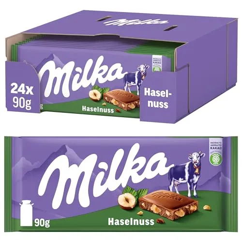 Milka Alpenmilch-Schokoladentafel mit Haselnussstückchen – Tafelschokolade mit knackigen Nussstücken – 24 x 90g