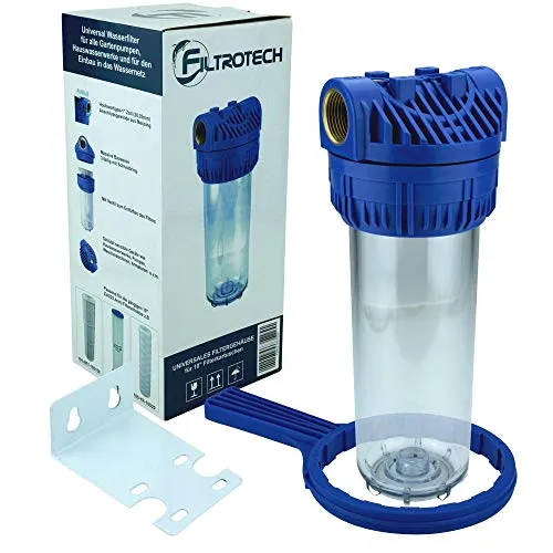 Filtergehäuse 10 Zoll für Gartenpumpen - Pumpenzubehör mit 1 Zoll IG Anschluss, inklusive Filterschlüssel und Wandbefestigung. Ideal zum Schutz Ihrer Gartenpumpe vor Schmutz. Bestellen Sie den passenden 10