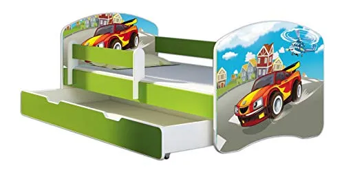 ACMA Kinderbett Jugendbett mit Einer Schublade und Matratze Grün mit Rausfallschutz Lattenrost II 140x70 160x80 180x80 (03 Racing Car, 160x80 + Bettkasten)