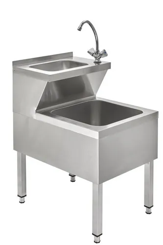 GastroHero Handwasch-Ausgussbeckenkombination Basic 1 - Platzsparende Kombination aus Handwasch- und Ausgussbecken aus hochwertigem Chrom-Nickel-Stahl, ideal für Gastronomiebetriebe mit verstellbaren Füßen und inklusive Mischbatterie.