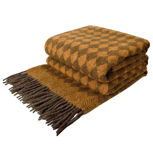 LYHome Lammwolldecke 100% Schurwolle - Warm Winterdecke Couchdecke Sofadecke, Kuscheldecke Tagesdecke, Winter Decke Sofa, Warme Decken Couch (140x200 cm, Senf - Braun Skandinavische Rauten)
