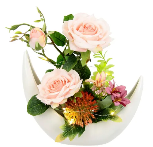 Kunstblume Arrangement 'Rosen' in Vase - Elegantes Blumengesteck mit zarten Rosen in einer stilvollen weißen Keramikvase. Perfekt als Geschenk oder für die Tischdekoration – bringt Farbe und Freude in jedes Zuhause!