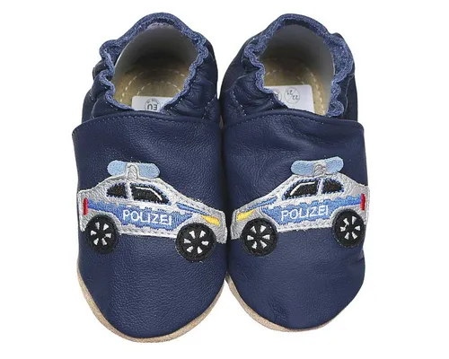 Kitaschuhe Polizeiauto dunkelblau 22/23 - Babyschuhe mit rutschfester Kautschuksohle für sicheren Halt, ideal für Kita und Kindergarten. Federleicht und stylish, perfekt für kleine Abenteurer.