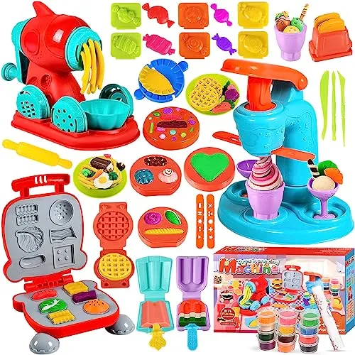 MUOIVG 51 Stück Knete Dough Set für Kinder, Kitchen Creations Nudelmaschine Spielset Burger Eiscreme, Zubehör mit Accessoires und 12 Dosen, Spielzeug Geschenk für Mädchen & Jungen 2-10 Jahre