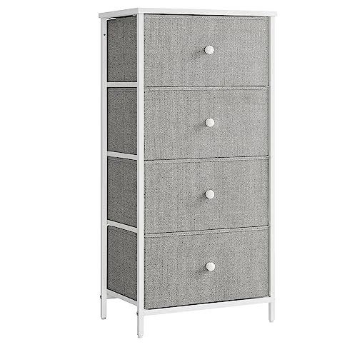 SONGMICS Kommode, Aufbewahrungsschrank mit 4 Stoff-Schubladen, Metallrahmen, hoch und schmal, Taubengrau-cremeweiß LTS314L10