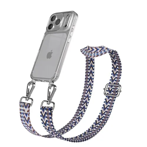 EAZY CASE Handykette - Verstellbares Taschenband kompatibel mit iPhone 17 Pro, Schulterriemen, Handykordel mit Silikon Hülle, Umhängetasche, Blau Weiß Silber