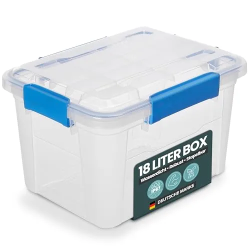 Kreher® Aufbewahrungsbox 18 Liter mit Deckel – wasserdicht & staubdicht, transparent & stapelbar, BPA- & schadstofffrei, robuste Kunststoffbox mit Silikondichtung & 4 Clips (1, 18 Liter)