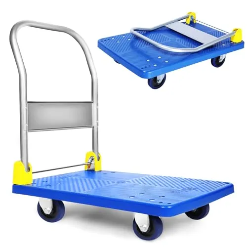 Healsmart Plattformwagen mit 400 kg Tragkraft und 360-Grad-Schwenkrädern, Faltbarer Handwagen zum Laden und Aufbewahren, Blau
