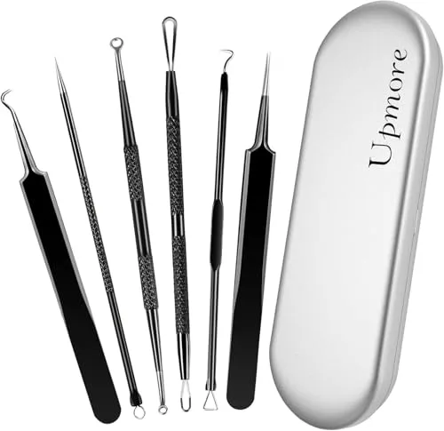 Upmore Pickel Werkzeug-Set, Mitesserentferner, professionelle Edelstahl-Akne, Hautunreinheiten, Komedonen-Entfernungswerkzeug, mit Metallgehäuse und Pinzette, für Whitehead-Akne auf der Nase, Gesicht