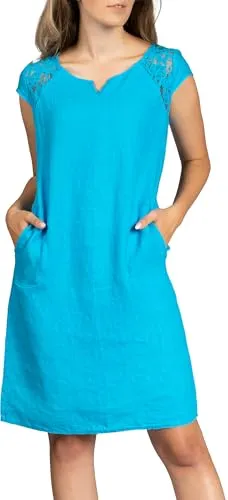 Caspar SKL042 Damen Sommer Leinenkleid mit dezentem Spitzeneinsatz, Farbe:türkis, Größe:36