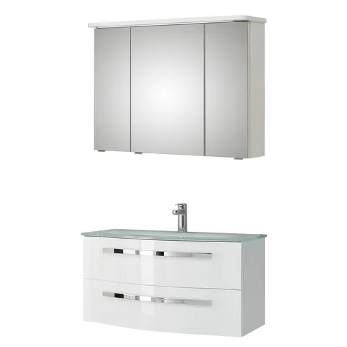 Waschplatz Spiegel-Schrank LED Wasch-Tisch 92cm Glasbecken Badezimmer Bad-Möbel