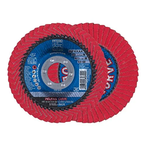 PFERD POLIFAN CURVE Fächerscheibe PFR 115x22,23 mm - Hochleistungs-Fächerscheibe für Stahl und Edelstahl, ideal für Kehlnahtbearbeitung und feine Oberflächen