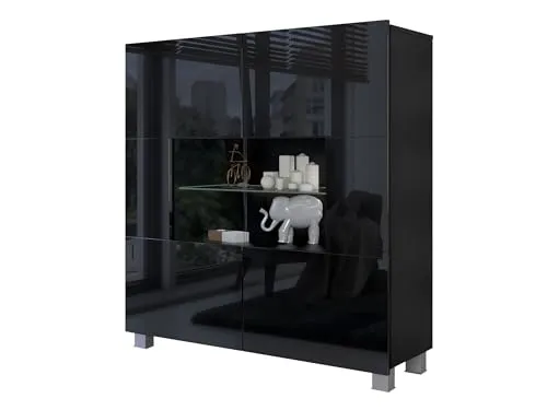 Mirjan24 Kommode Calabrini BR01 mit 2 Türen, Sideboard, Anrichte, 100x107x35 cm, Highboard, Mehrzweckschrank, Wohnzimmer (Schwarz/Schwarz Hochglanz, ohne Beleuchtung)