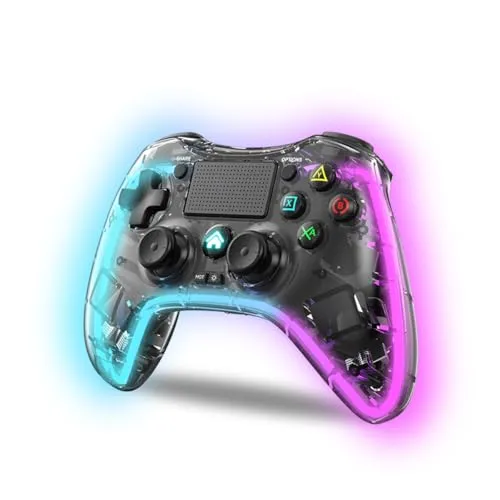 NK Wireless Controller für PS4, PC & Android - Transparent Schwarz - Erlebe Gaming auf einem neuen Level mit diesem kabellosen Controller! Ausgestattet mit 6-Achsen-Sensor, Touchpad und 7 RGB-LED-Modi für ein individuelles Spielerlebnis. Ergonomisches Design für optimalen Komfort.