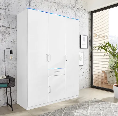 Kleiderschrank PRIESS in Weiß Hochglanz - Kleiderschrank aus Holzwerkstoff, B:140cm H:193cm T:55cm, mit LED-Kranzbeleuchtung für stilvolle Akzente und optimalen Stauraum.
