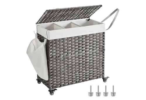 Songmics Wäschekorb mit Deckel 140 l Grau - Wäschekorb mit 140 l, 3 Fächer zur optimalen Sortierung, wasserresistentes Design und leicht bewegbar dank 4 Rollen, ideal für die gesamte Familienwäsche.